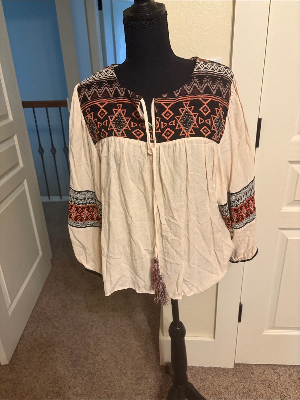 Embroidered Cream Blouse with Black & Rust Accents